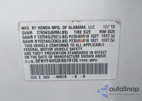 2014 Honda Pilot Ex-L из США, поврежденный, VIN 5FNYF4H53EB019126